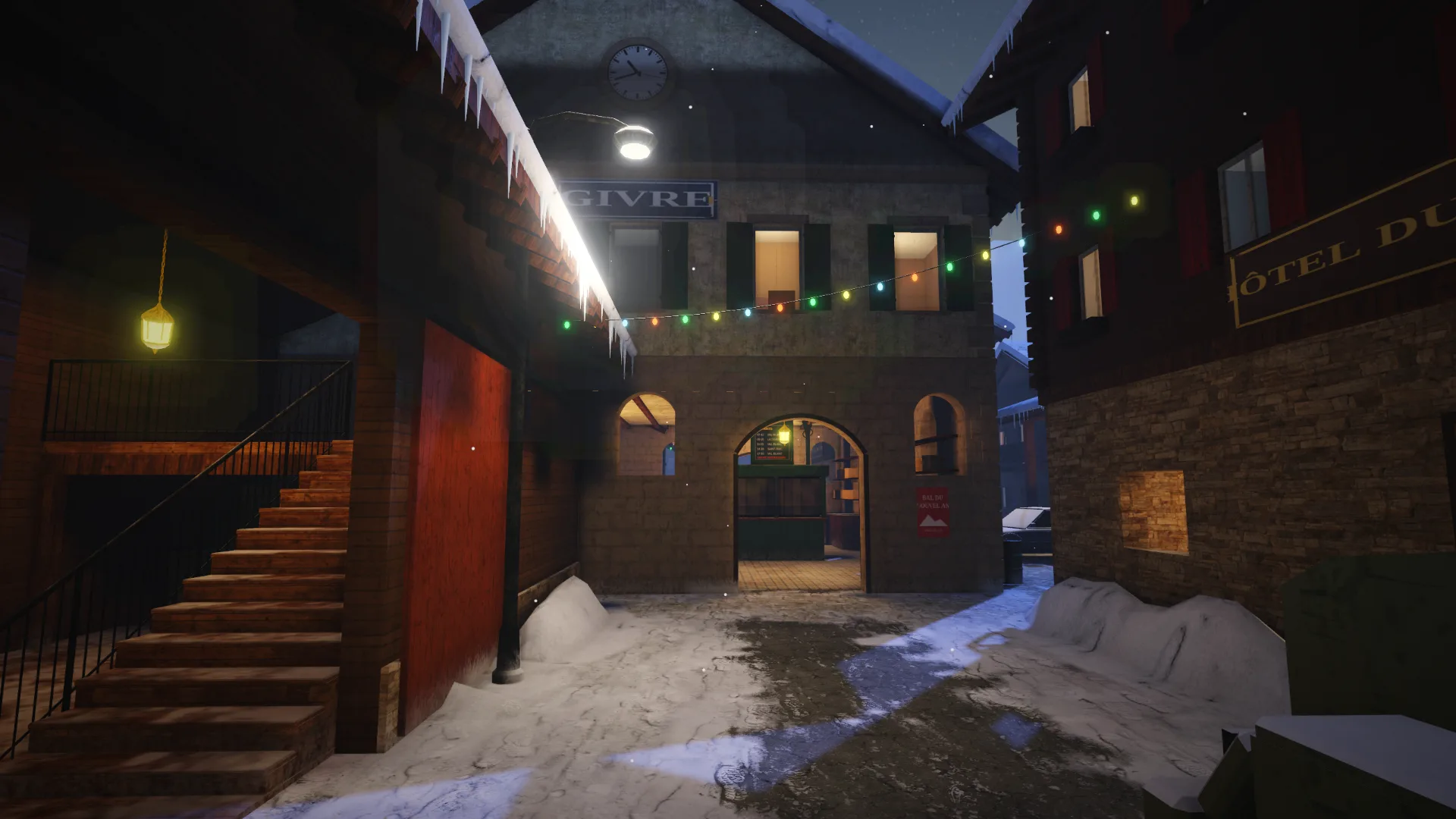 Frostvale, a snowbound mountain station at night